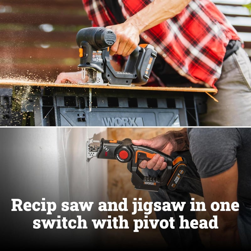 WORX Cordless Reciprocating Saw&Jigsaw, 20V ¾" 2-in-1 Saw, ¾" Stroke Length, 2-in-1 functions, 4 Blades for Different Materials, Compact&Lightweight Design, Battery and Charger Included, PowerShare - Image 3
